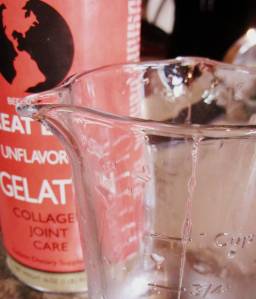 In a small bowl pour ½ cup hot water (almost boiling) over the gelatin.  Stir until dissolved.